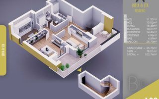 2 camere Finalizat parcare gratuita Titan Pallady 10 min Metrou Nicolae Teclu - Schiță 1