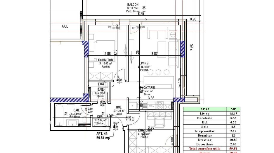 Apartament 2.5 Camere Sala Polivalentă | 59 mp Util + 18 mp Balcon - Schiță 14