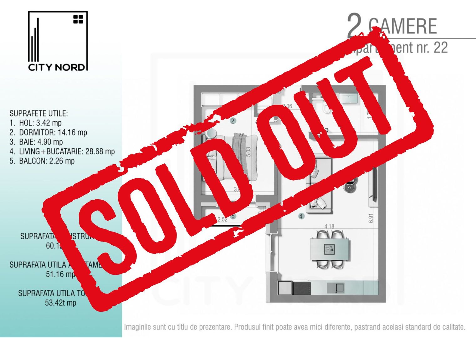 Apartament 22 / 34 – 2 camere – 51.2 mp – Balcon – Etaj 1 / Etaj 2 - Poză 1