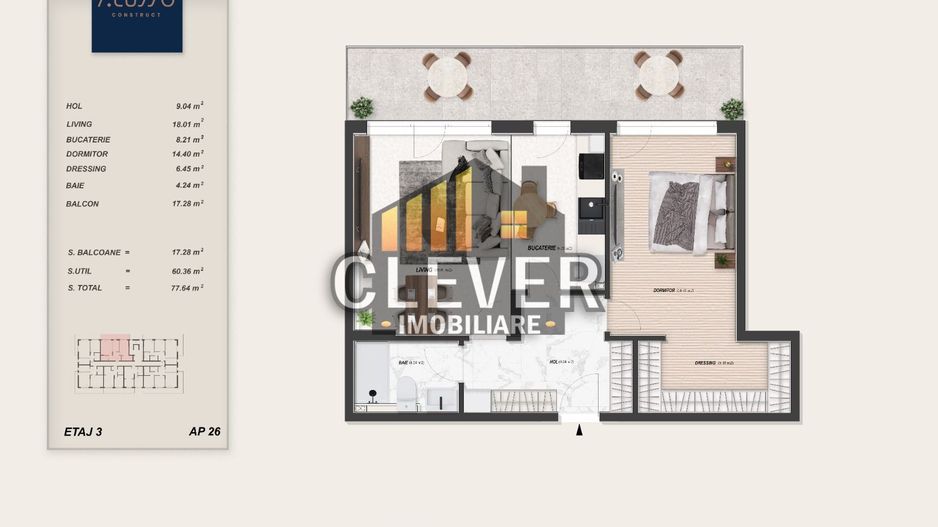 2 Camere | Terasă 17 mp | Dressing Separat | Pallady | Comision 0% - Schiță 9