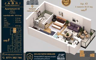 Apartament 43, Corp F – Studio | 38,51 mp | Etaj 3 | Jabri Nord Reside - Poză 1