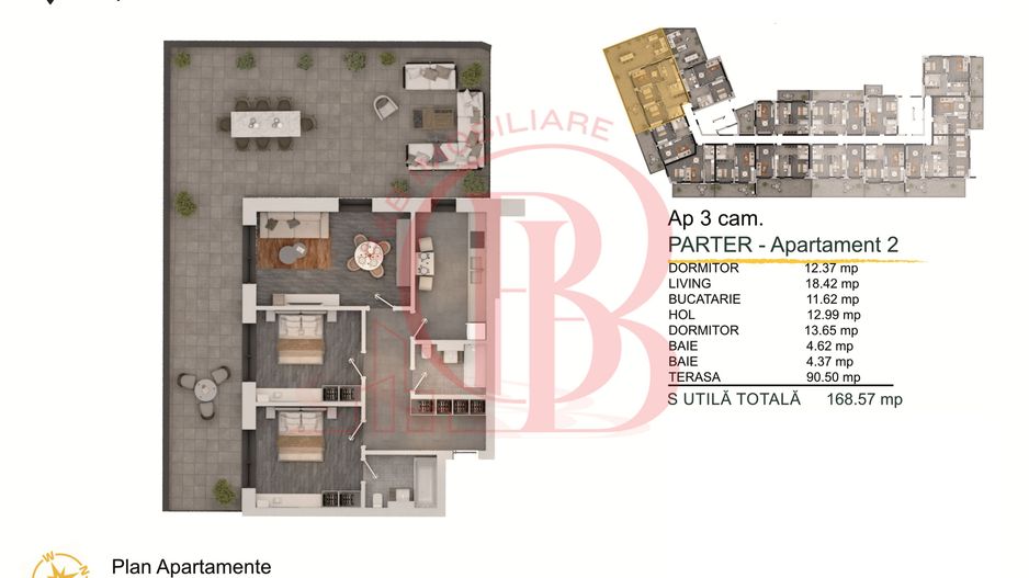 2 camere cu terasa 90mp Titan-Pallady Parcare Gratuita - Schiță 1