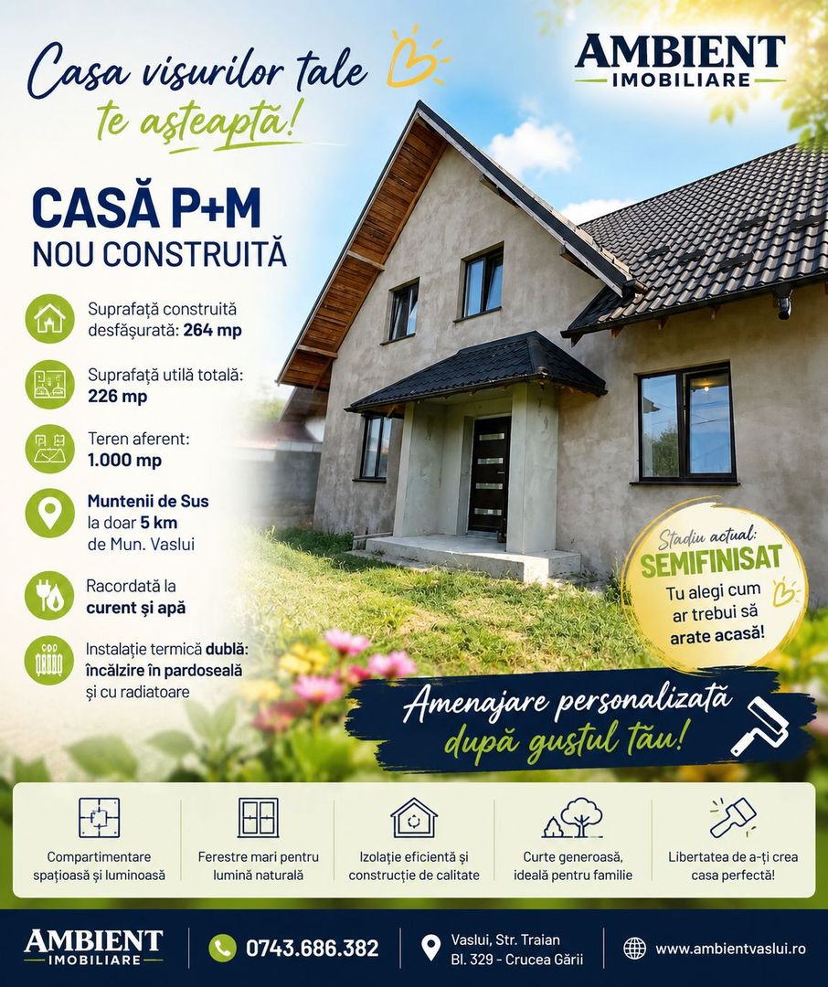 CASĂ individuală P+M cu teren 1.000 mp, finisată LA CHEIE, zona MUNTENII de SUS; - Poză 1