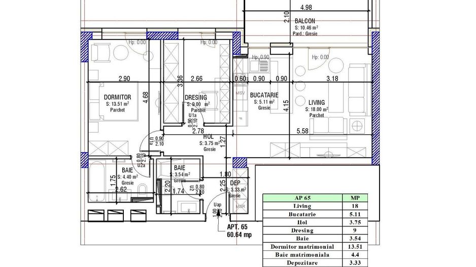 Apartament 2.5 Camere Sala Polivalentă | 61 mp Util + 10 mp Balcon - Schiță 11