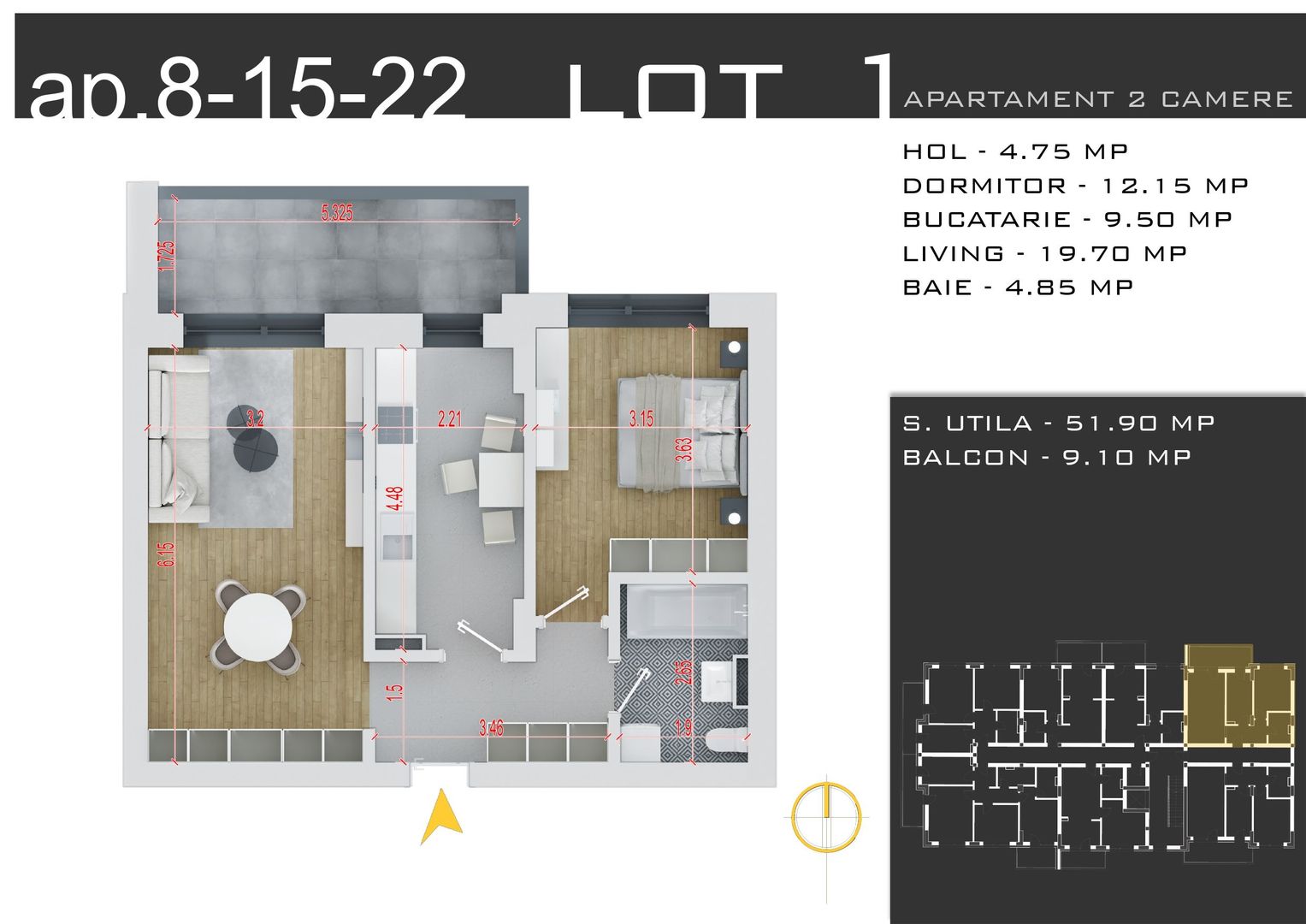 2 camere decomandat -parcare inclusa -Pallady - Schiță 2