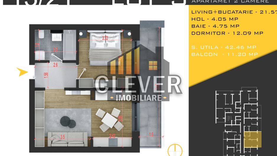 2 camere | 53,66 mp total | Balcon 11 mp | Pallady | Comision 0% - Schiță 11