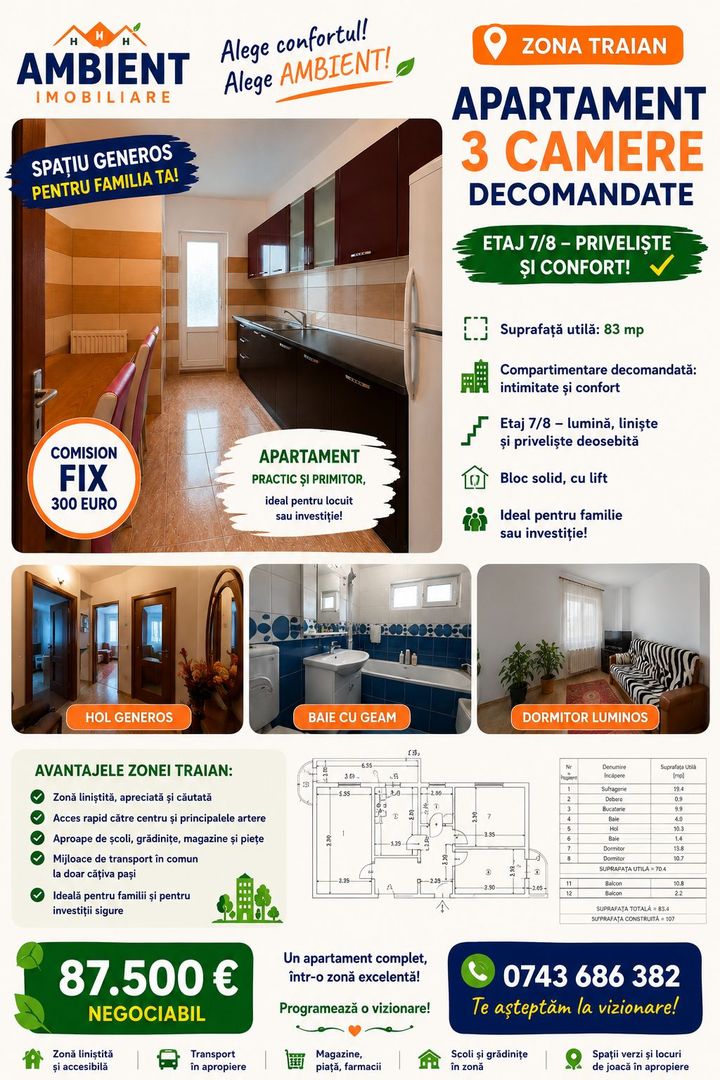 Apartament 3 camere, etaj 7, decomandat, zona TRAIAN - BCR; - Poză 1