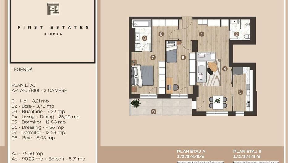 Apartament 3 camere | Pipera First Estates | Incalzire Gratuita - Schiță 6
