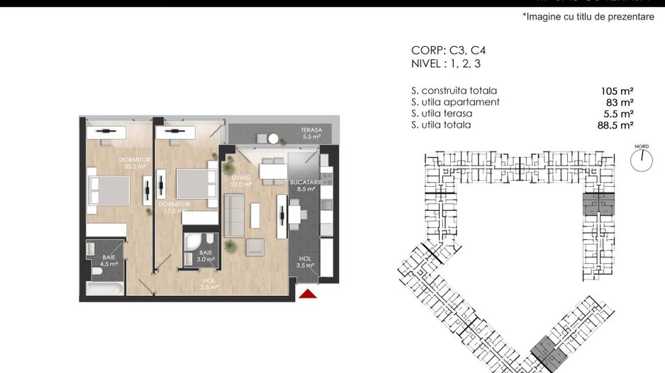 3 camere. Dormitor matrimonial cu baie en-suite. 83 mp Utili. - Poză 17