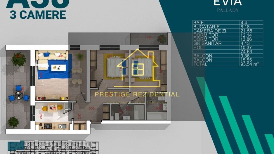 Apartament 3 Camere PREMIUM,Terasa superba,Finalizat,Pallady,Metrou - Schiță 8