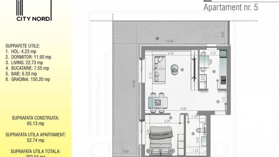 Apartament 5 – 2 camere – 52.7 mp – Grădină – Parter - Poză 1