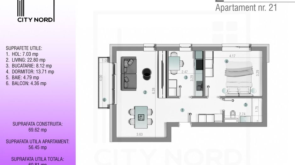 Apartament 21 / 33 – 2 camere – 56.5 mp – Balcon – Etaj 1 / Etaj 2 - Poză 1
