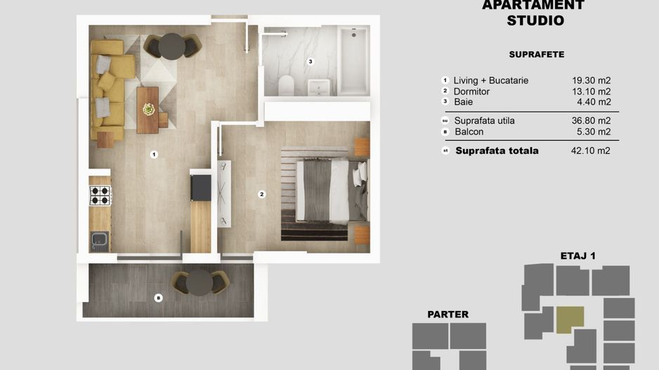 2cam. studio-se poate inchide bucataria /42mp/10min metrou Ap. Patriei - Poză 2