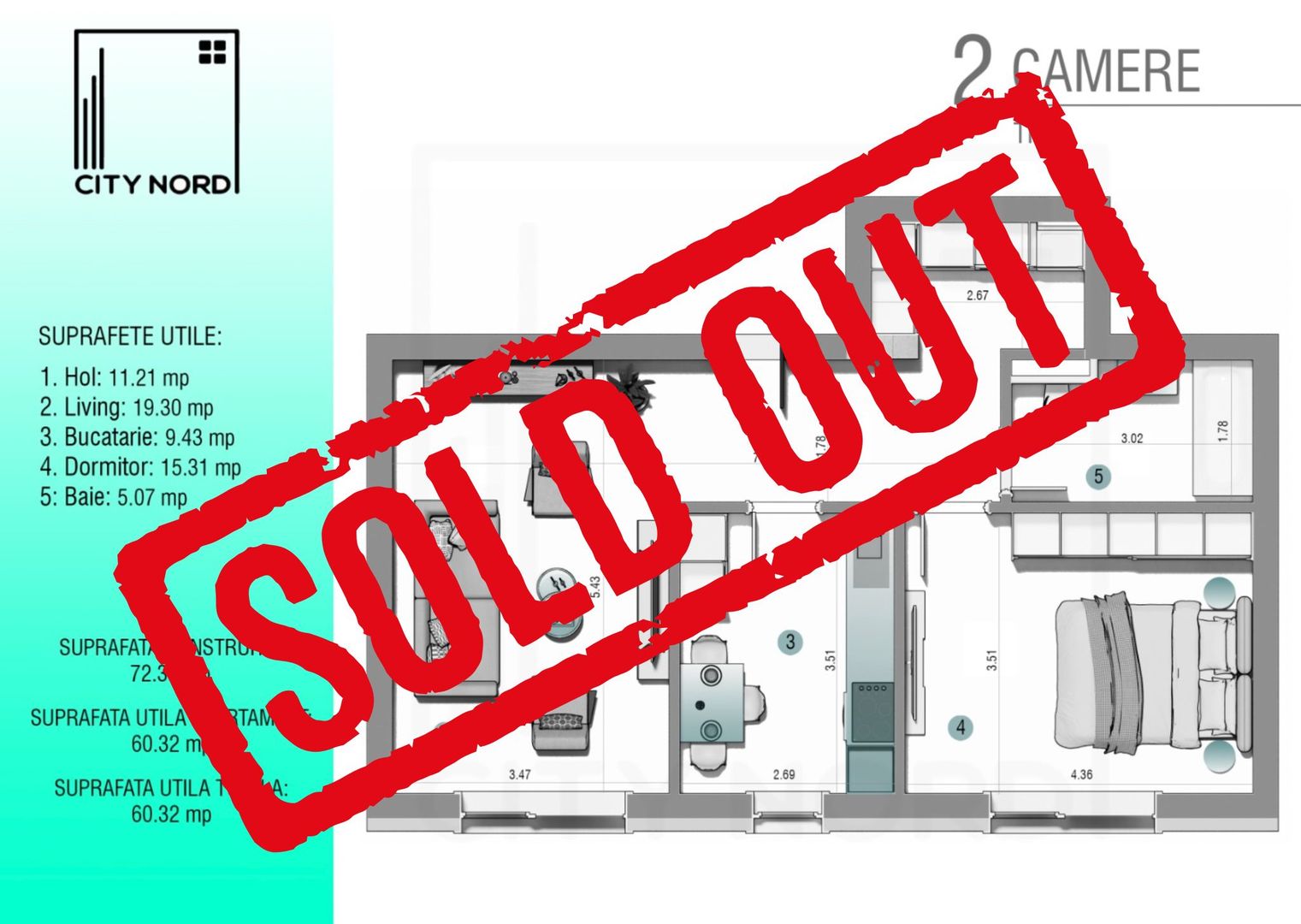 Apartament 2 camere – 60 mp utili (Parter/3) - Poză 1