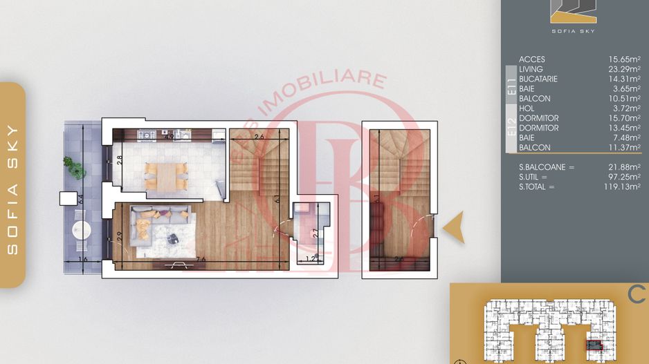 Duplex 3 camere cu Parcare Gratis | Bucatarie Inchisa 14mp - Schiță 4