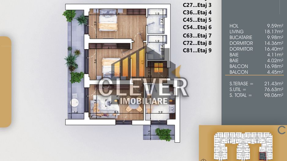 Apartament 3 camere Finalizat, Incalzire Pardoseala  | Metrou la 700m - Schiță 4
