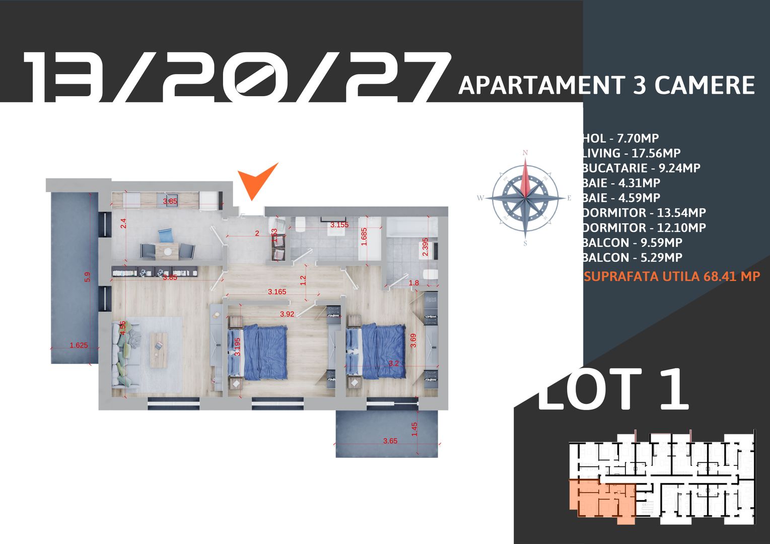 3 camere decomandat cu parcare finalizare rapida Pallady - Schiță 6