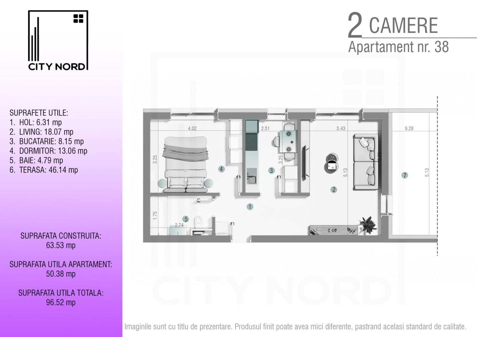 Apartament 38 – 2 camere – 50.4 mp – Terasă – Etaj 3R - Poză 1