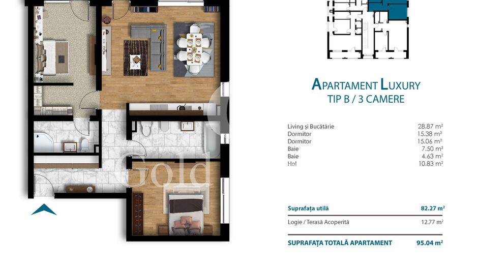 Apartament cu 3 camere, 82 mp utili, bloc nou, cartier Unirii - Schiță 13