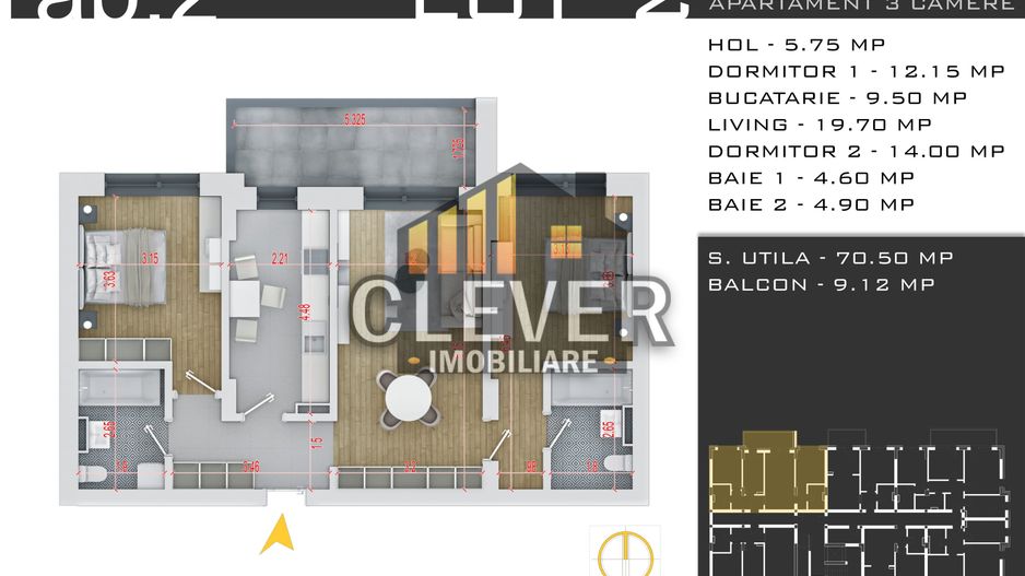Apartament nou 3 camere 80 mp, parcare inclusă - Pallady - Schiță 13