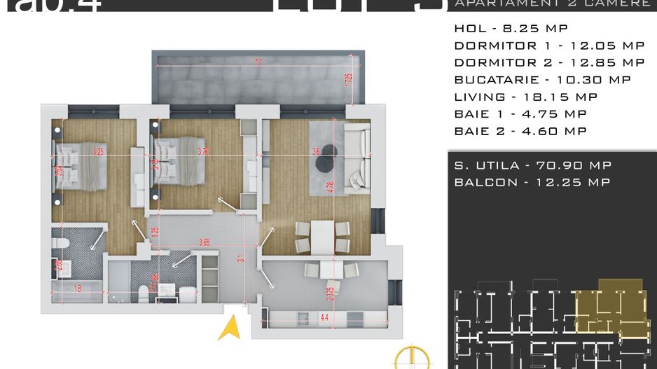 3 camere -parcare inclusa - proiect nou -Pallady - Schiță 14