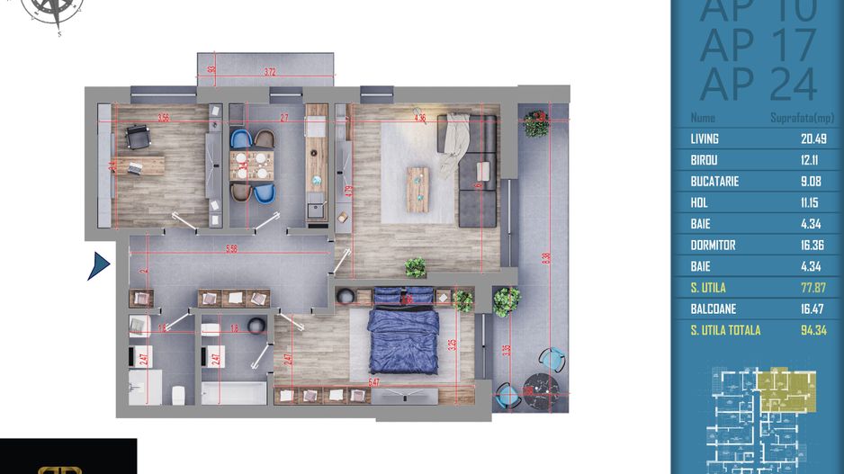 3 camere incalzire prin pardoseala Titan -Pallady finalizat - Schiță 3