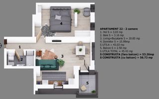 Apartament 2 camere Otopeni | bloc cu lift | 10 minute pe jos de centru - Schiță 9