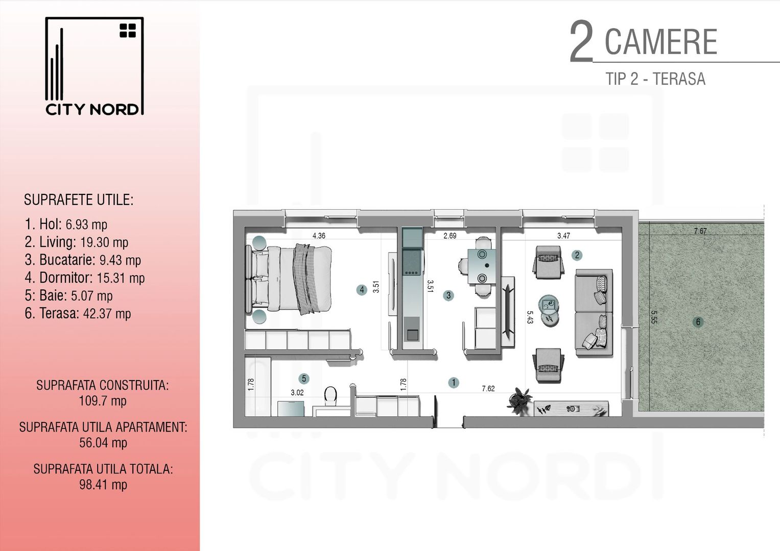 PENTHOUSE 2 camere – 56 mp utili + Terasă 42 mp (Etaj 3/3) - Poză 1