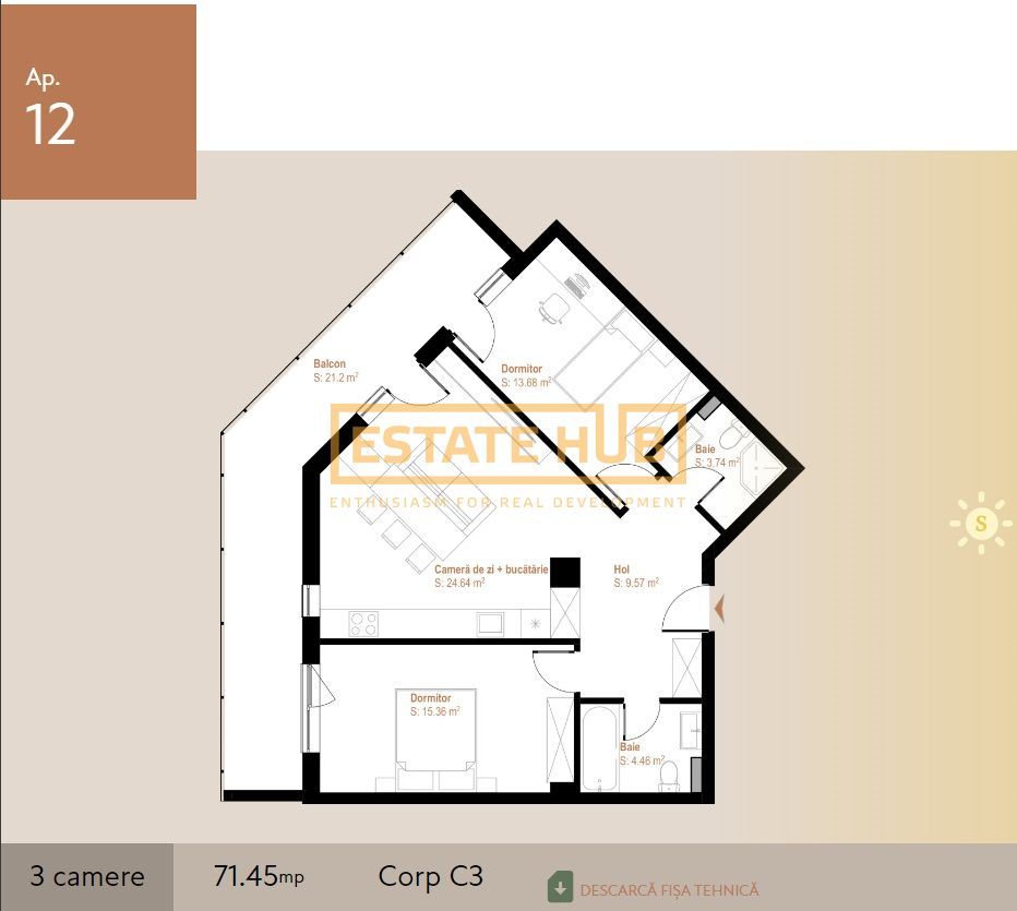 Apartament 3 camere, constructie noua, finalizare 2025, zona Vivo - Poză 13