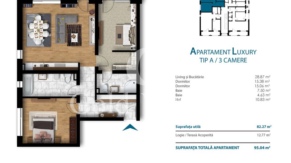 Apartament cu 3 camere, 82 mp utili, bloc nou, cartier Unirii - Schiță 12