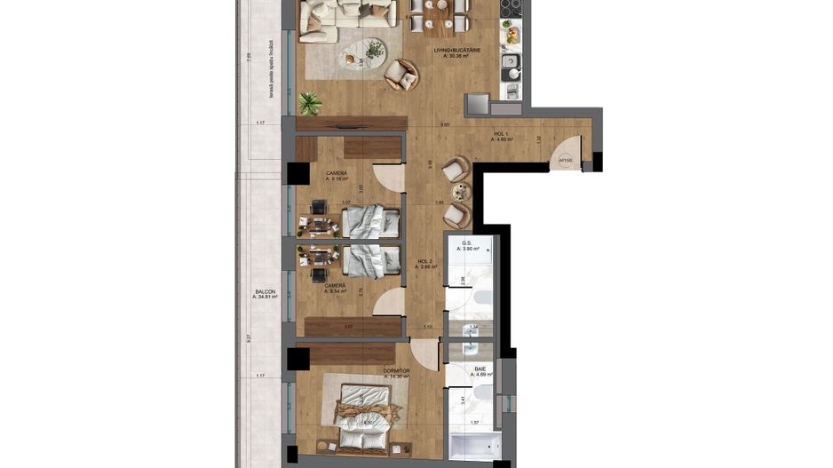 Apartament 4 camere nou, cu terasa  Pta-Unirii AP16B - Schiță 23