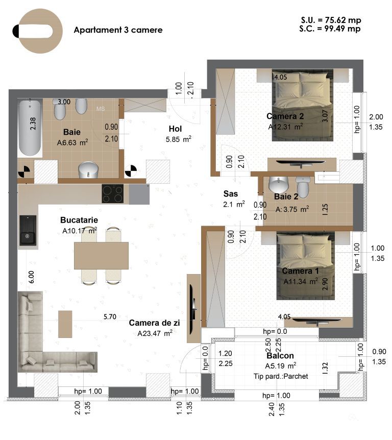 P 4144 - Apartament cu 3 camere în Târgu Mureș, cartierul Tudor - Schiță 12