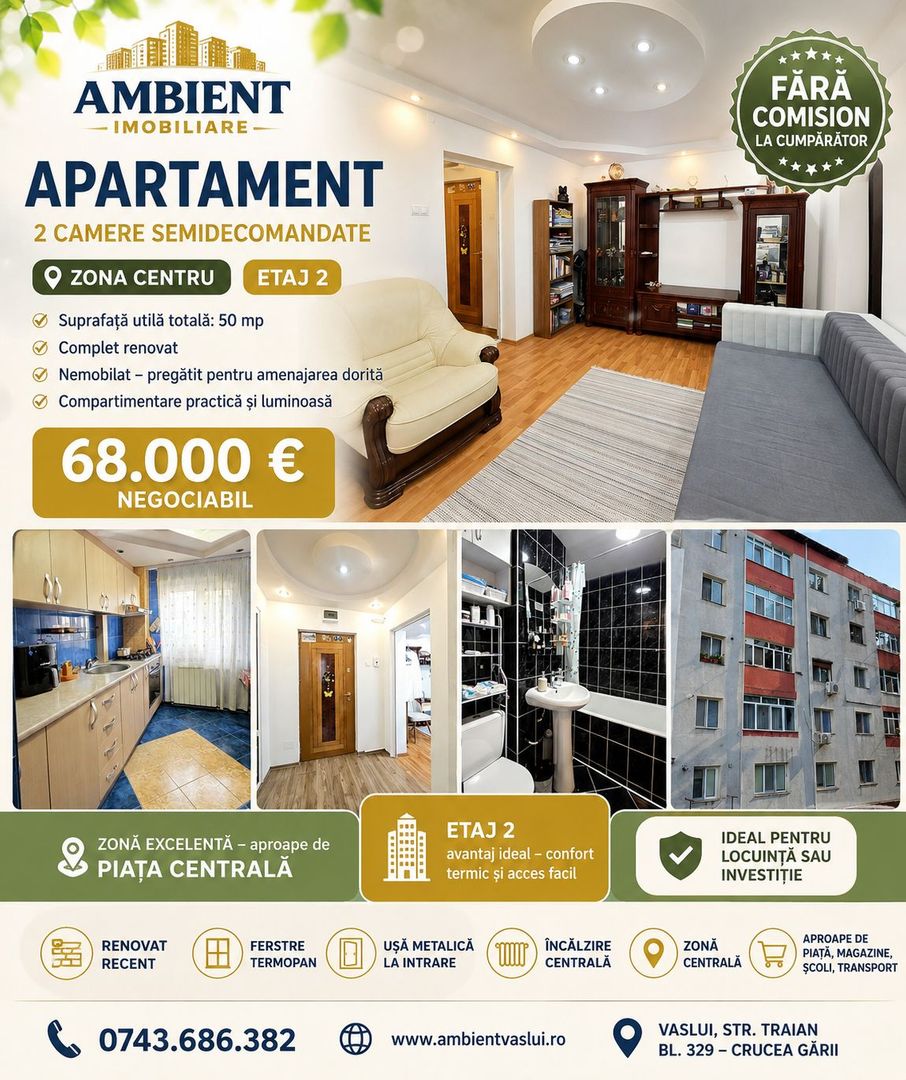 Apartament cu 2 camere, etaj 2, VASLUI - zona CENTRU; - Poză 1