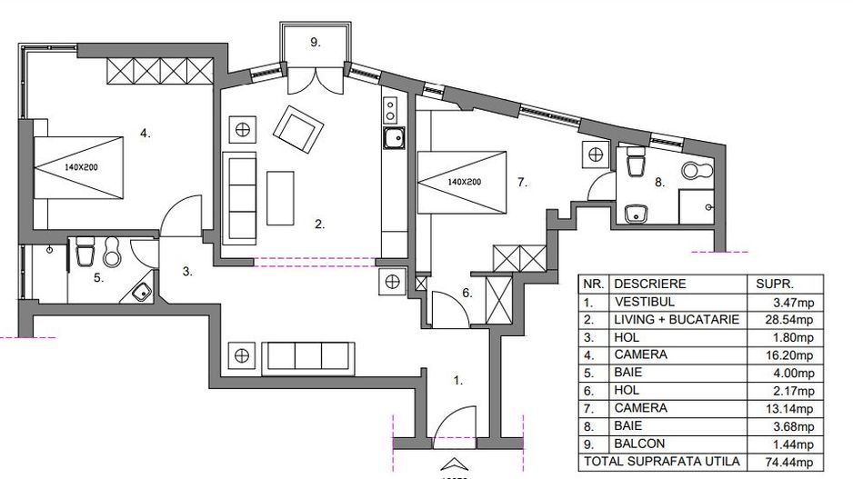 Apartament 3 Camere Spatios Romana Renovat - Schiță 9
