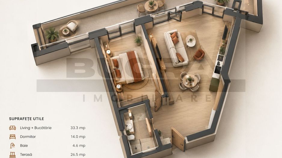 Apartament 2 camere, bloc nou, 52mp, terasa de 27mp, zona Golden Tulip - Poză 1