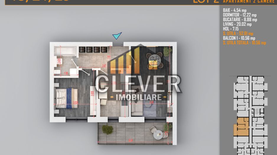 2 Camere | 63,41 mp Total | Balcon 10,56 mp | Comision 0% - Poză 3