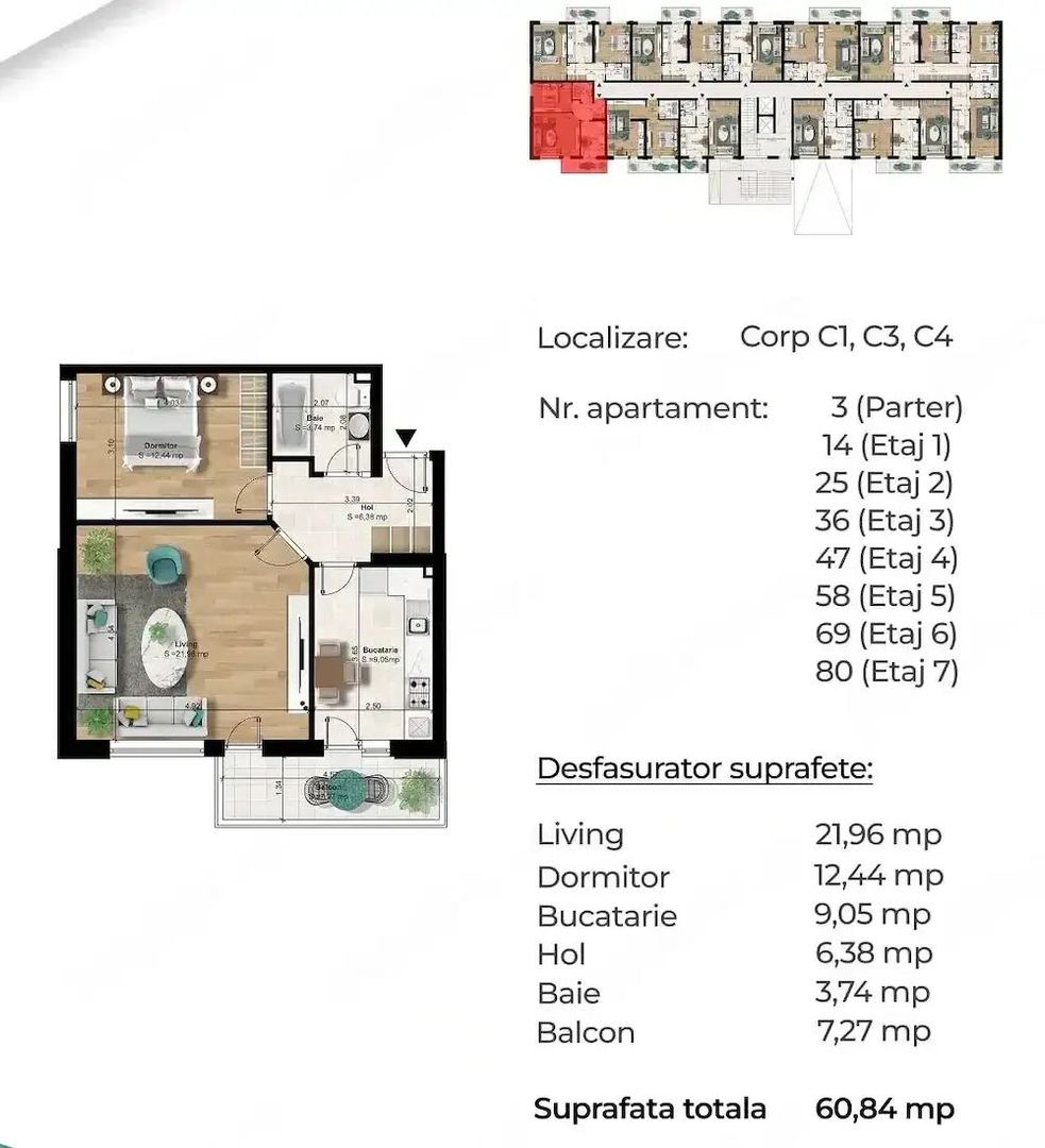 Apartament 2 camere decomandat | 60,84 mp | Balcon generos - Poză 7