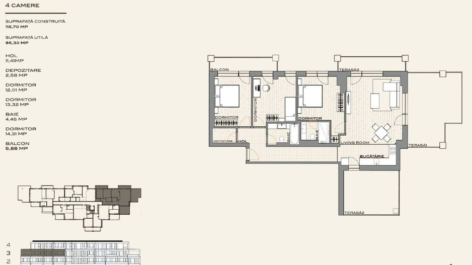 Apartament 4 camere, 2 bai, 2 terase + 2 balcoane - Poză 1