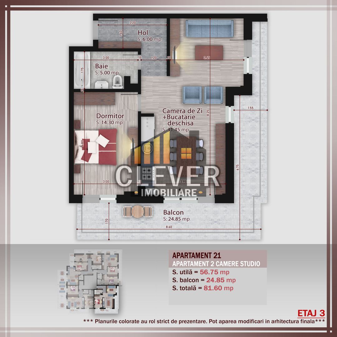 2 Camere | 81,6 mp Total | Terasa 24,85 mp | Etaj 3 | Pallady - Poză 2
