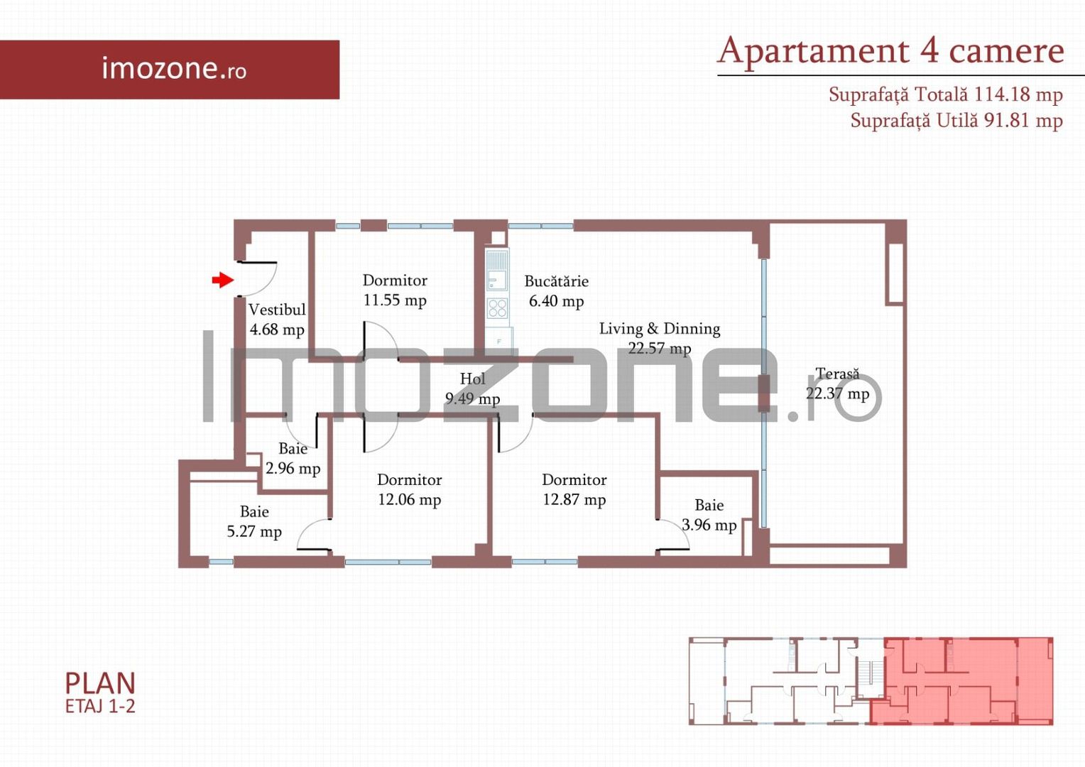 4 camere cu terasa de 22 mp, 3 bai, etaj 1/3, FINISAT MODERN,  COMISION 0% - Poză 11