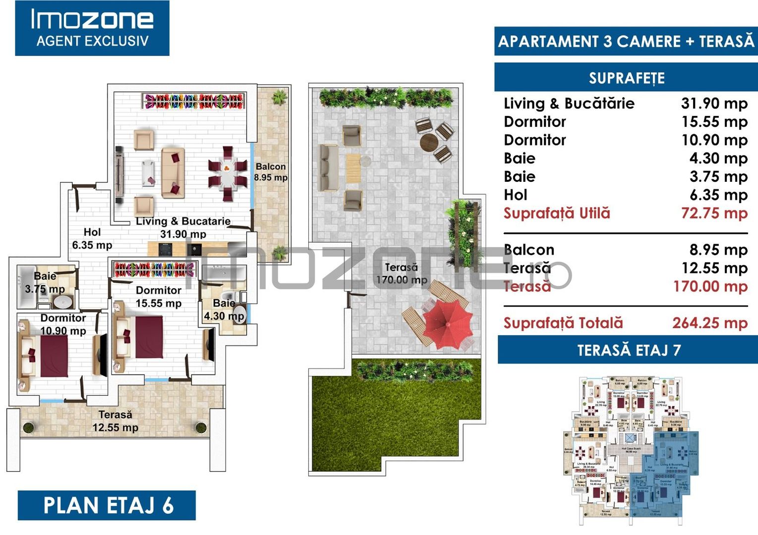 BLOC FINALIZAT, PENTHOUSE - 3 CAMERE, 2 BAI, TERASA DE 178MP,  CENTRALA PROPRIE - Poză 8