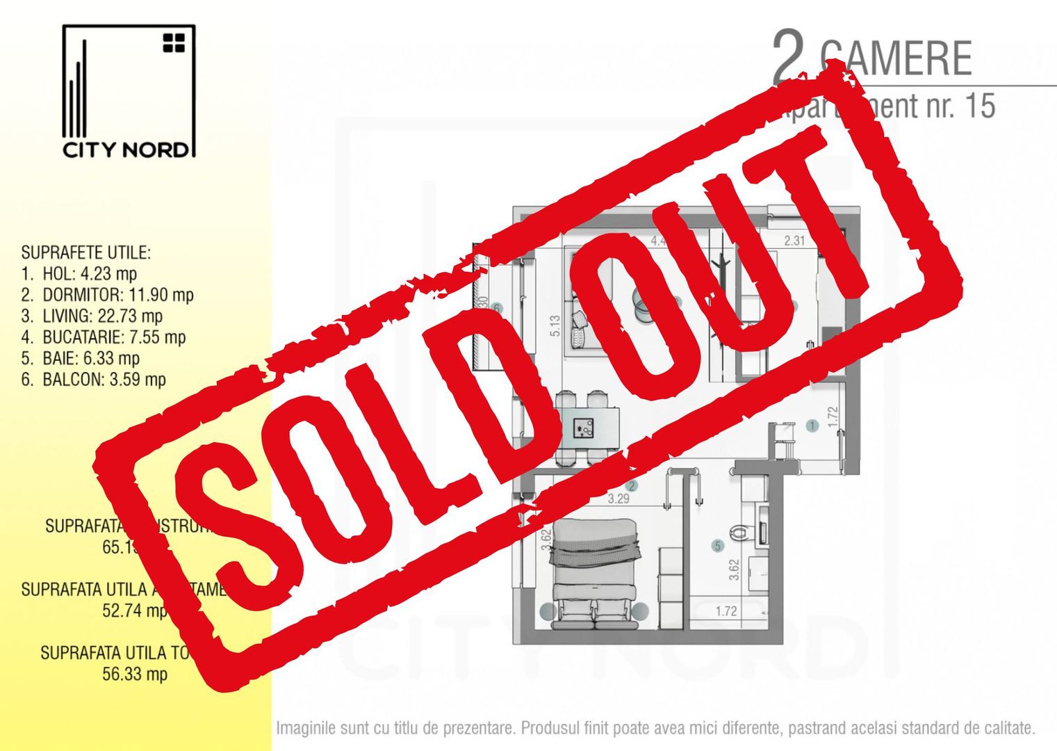 Apartament 15 / 27 – 2 camere – 52.7 mp – Balcon – Etaj 1 / Etaj 2 - Poză 1