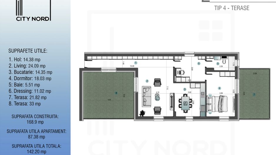 Apartament 2 camere cu 2 terase  - 142.2 mpu - CITY NORD 1 Decembrie - Schiță 1
