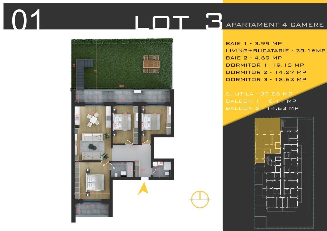 AP. 4 CAM.+ GRADINA IN PROIECT PREMIUM / BLOC P+3. PALLADY! - Poză 1
