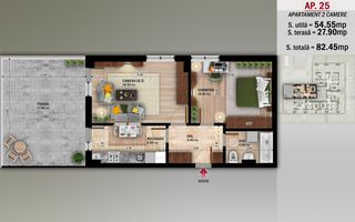 Ap 2 Camere cu terasa 28 Mp,Nicolae Grigorescu-Metrou - Schiță 1