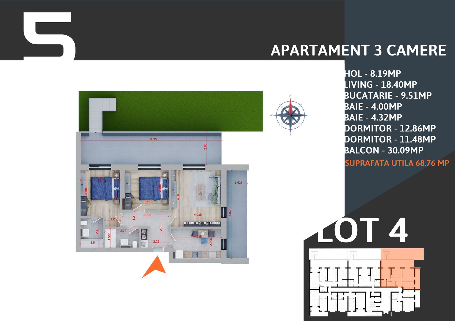 AP 3 CAM. DECOMANDAT+TERASA+GRADINA 59MP/  LOC DE PARCARE INCLUS! - Poză 3