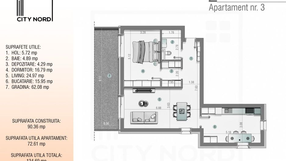 Apartament 3 – 2 camere – 72.6 mp – Grădină – Parter - Poză 1
