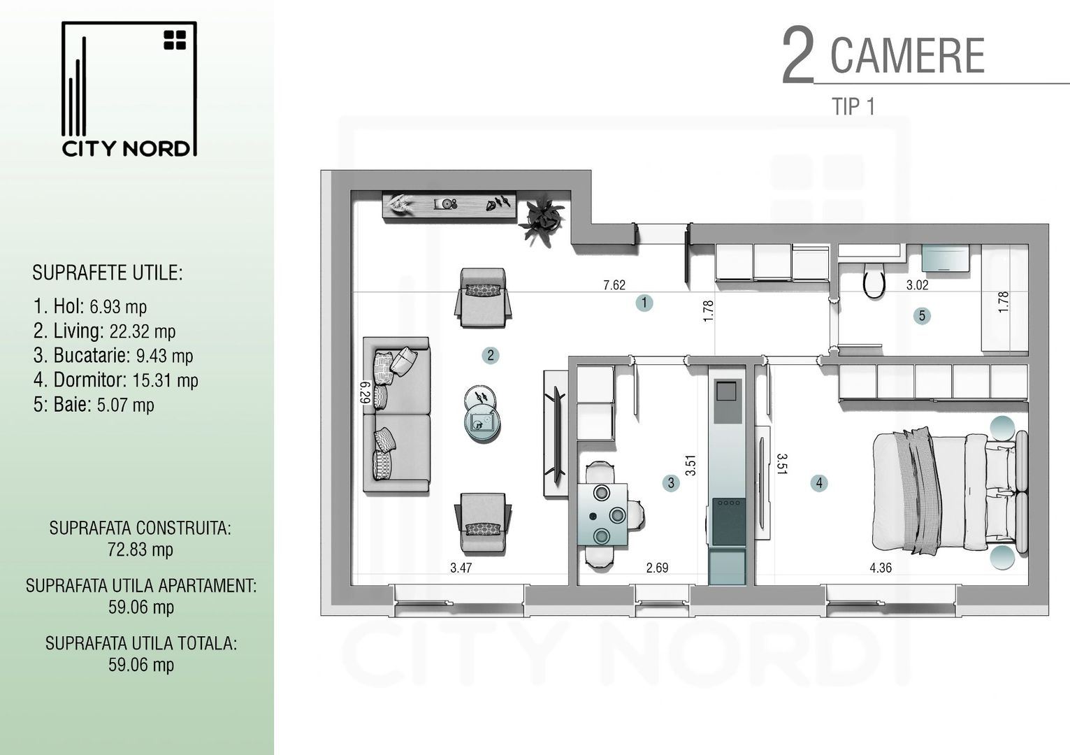 Apartament 2 camere - 59 mp utili - CITY NORD 1 Decembrie - Schiță 1