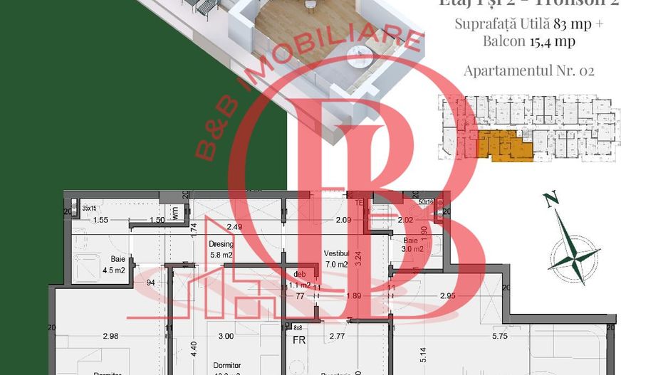 Apartament 3 camere Living 25mp Dressing Th. Pallady Metrou Teclu - Schiță 2