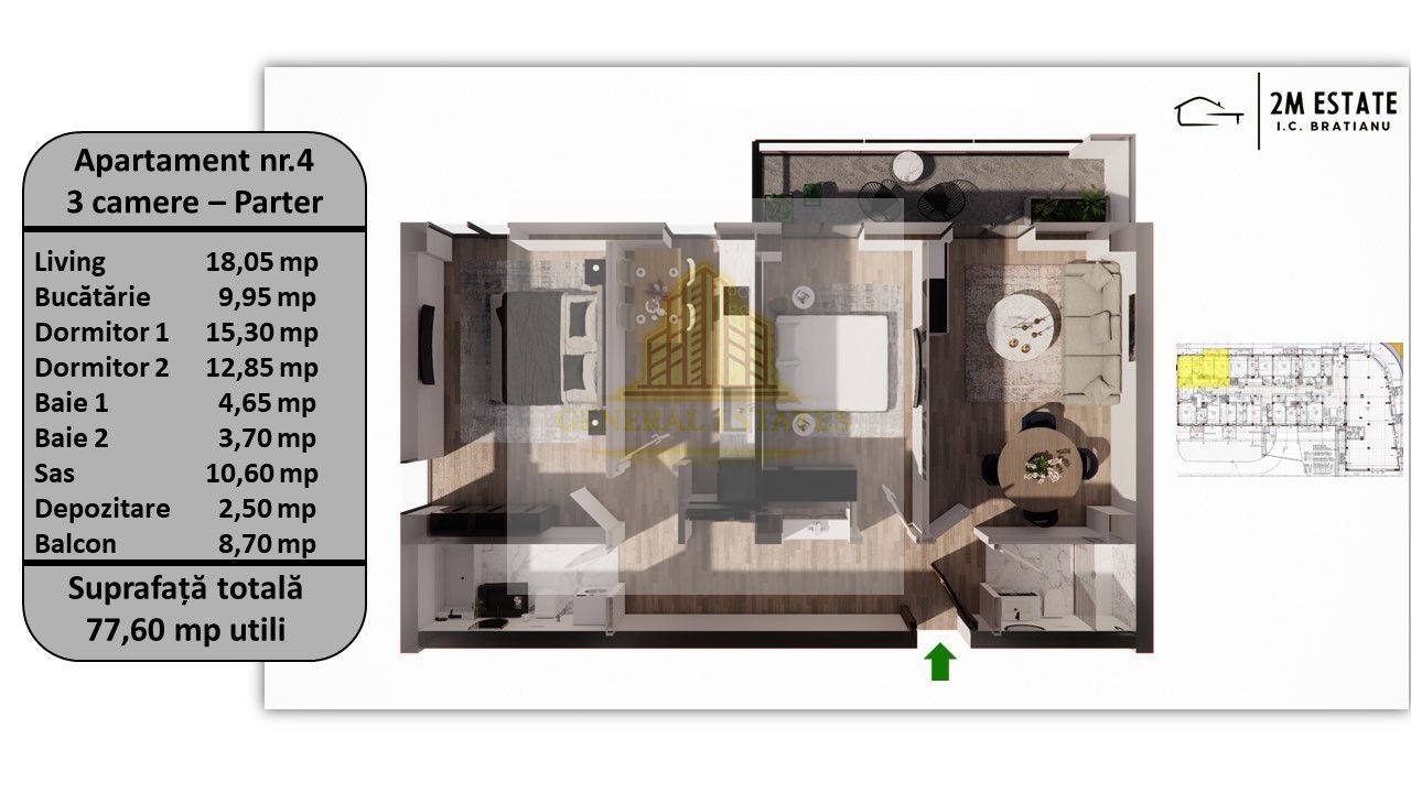 Apartament 3 camere, 75 mp utili + balcon, orientare Sud-Vest - Poză 1